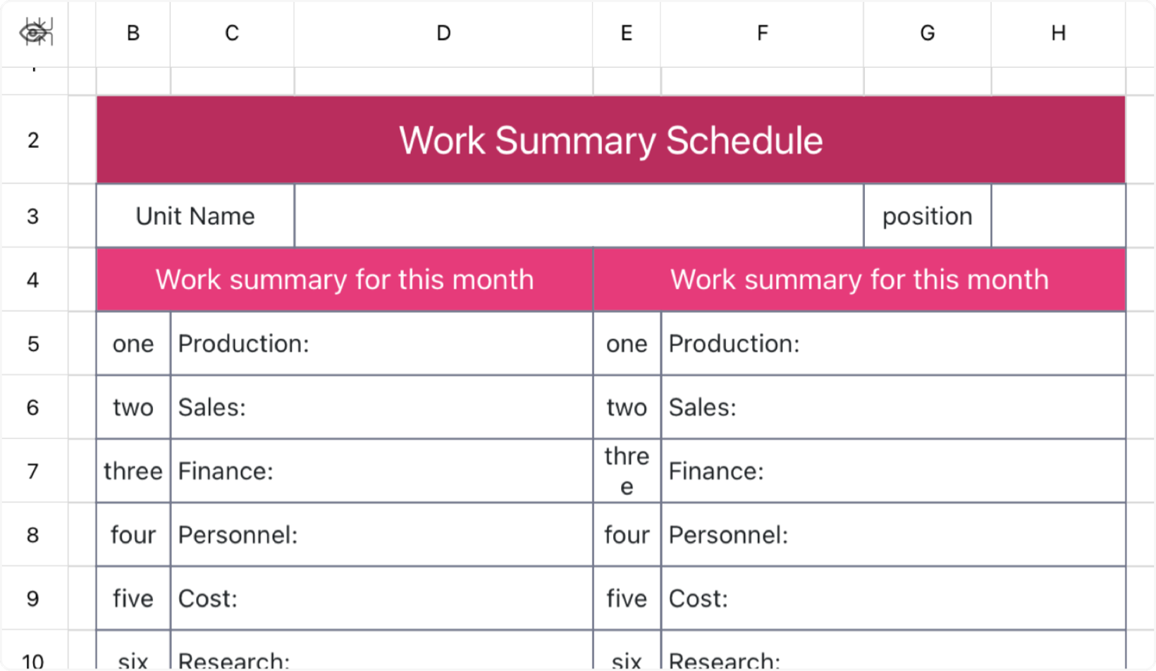 Work summary schedule 1